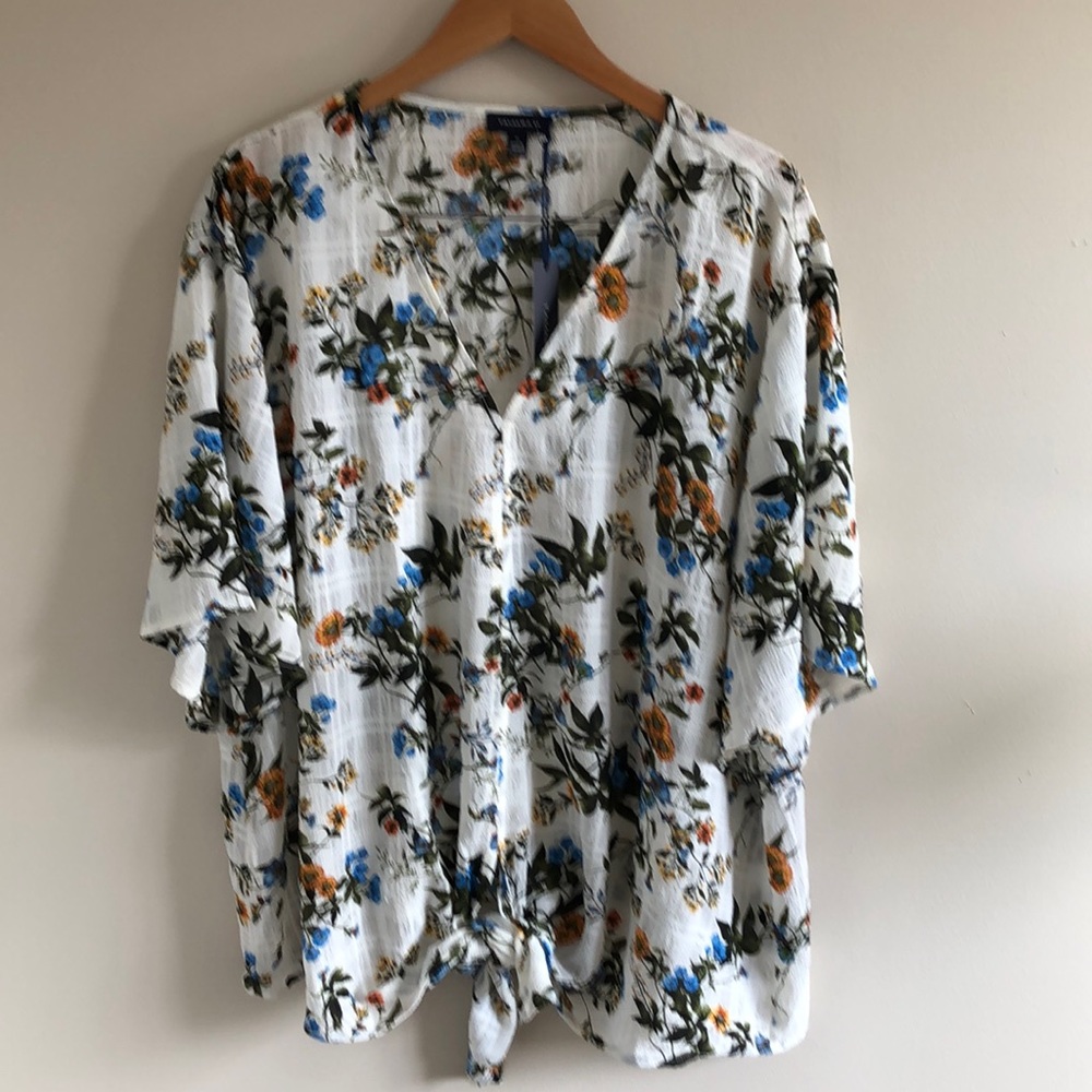 Women's White Floral Tie-Front Blouse - Blue & Orange Print